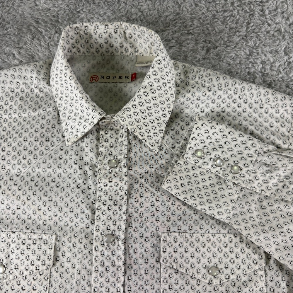Roper Mens Western Pearl Snap Shirt White Black Teardrop Print Long Sleeve M